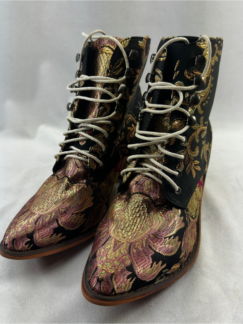 Metallic Embellished Brocade Lace Up Ankle Boots Floral Gold Pink Pirate Western